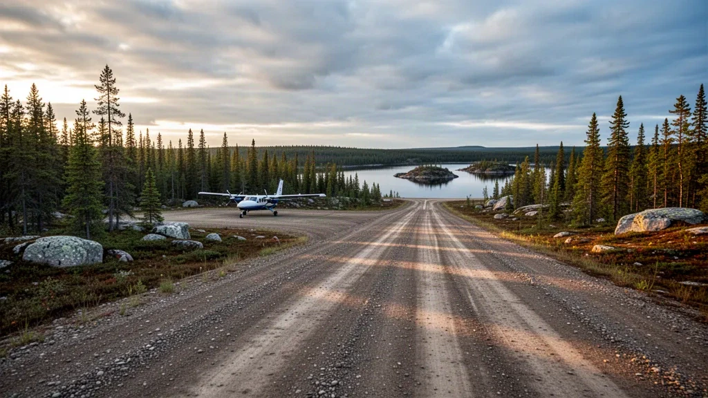 Pista de aterrizaje remota de grava en el aeropuerto de Cluff Lake, en el norte de Saskatchewan, rodeada de bosque boreal, afloramientos de granito y tranquilos lagos del escudo