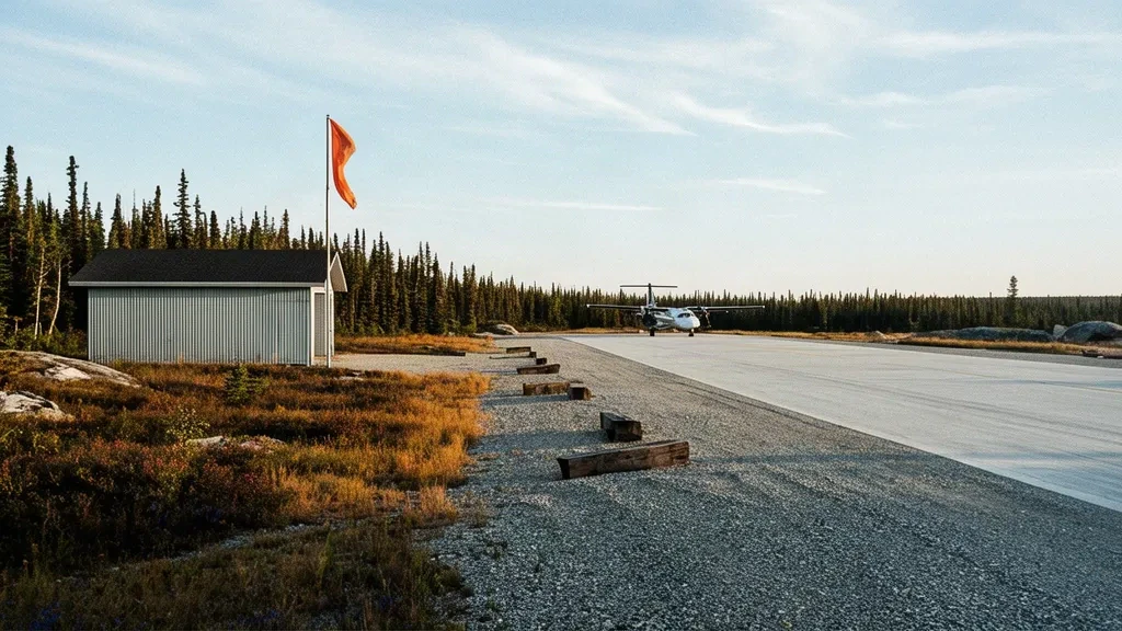 Kuzey Saskatchewan boreal ormanındaki uzak Cluff Lake Havaalanı XCL'de çakıl pist ve küçük havaalanı binası