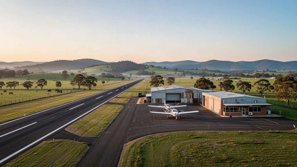 Aérodrome rural régional près de Colac, Victoria, avec de petits avions, des hangars métalliques et des terres agricoles sous un ciel chaud à l'heure dorée