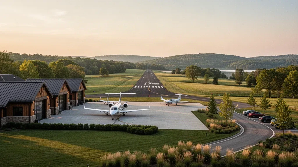 Private resort airfield runway and hangars at Grand Geneva Resort Airport in Lake Geneva, Wisconsin, under warm golden-hour light
