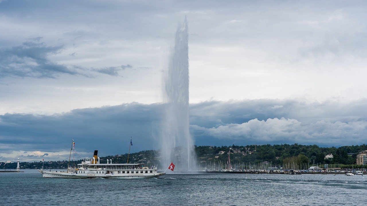 cenevre, lake geneva, jet d'eau, çeşme, göl, doğa, bulutlar, gün batımı, akşam atmosferi, su, manzara, akşam gökyüzü, cennet, isviçre