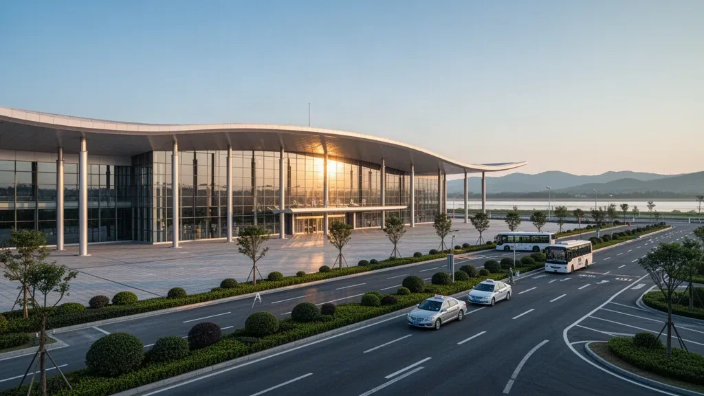 Moderne Glasfassade des Terminals und Vorfahrtspuren am Flughafen Xiangyang Liuji in Hubei, China, zur goldenen Stunde fotografiert