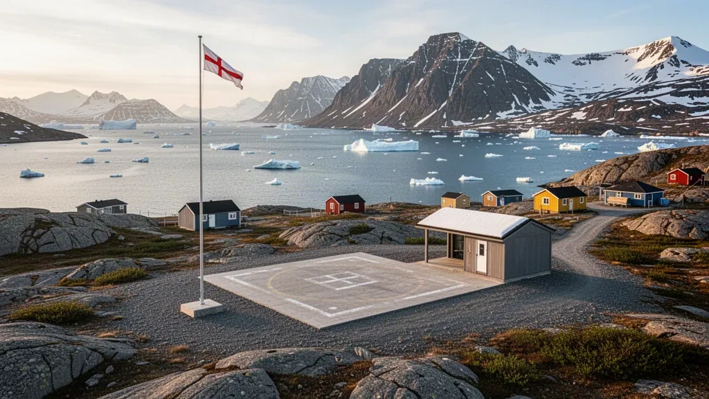 Hélisurface côtière isolée et rivage rocheux à l'héliport de Tasiusaq dans le Kujalleq, au Groenland, avec des icebergs de fjord et des montagnes saupoudrées de neige