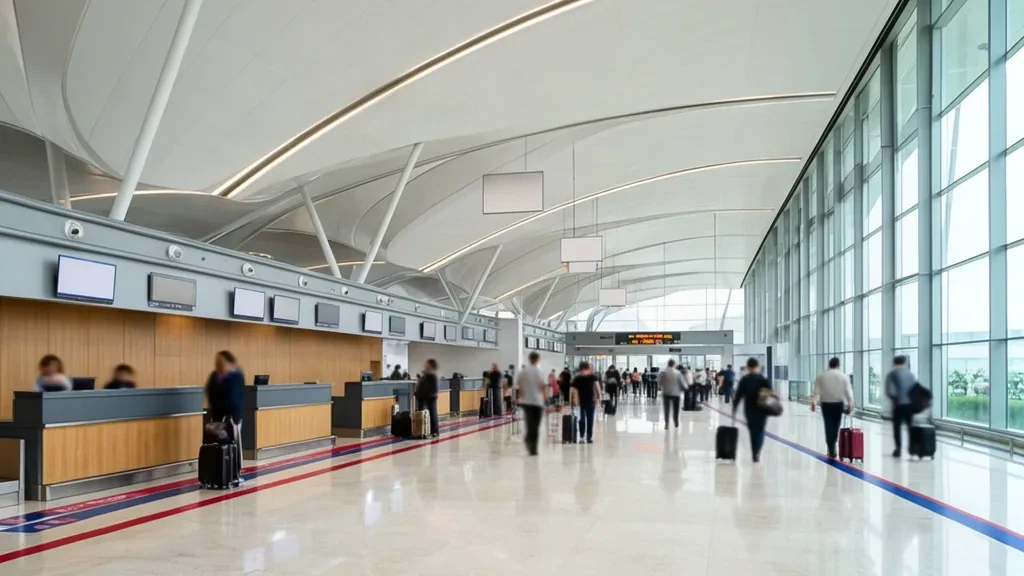 Interno moderno del terminal dell'Aeroporto di Xiangyang Liuji con banchi del check-in, pareti vetrate e viaggiatori nella sala partenze