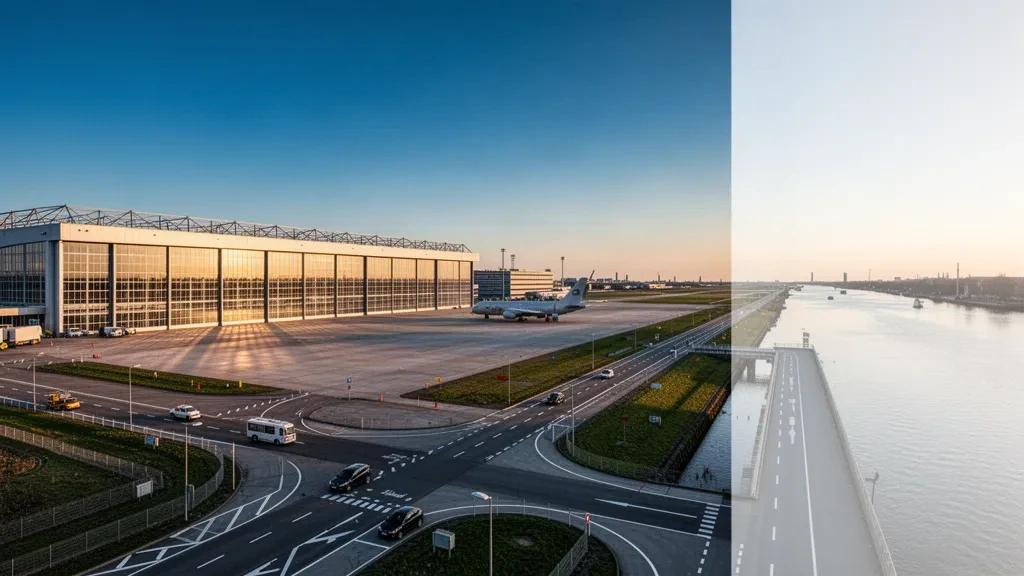 Hangars modernes et longue piste à l'aéroport de Hambourg-Finkenwerder à l'heure dorée, avec une rivière et des aéronefs sur le tarmac.