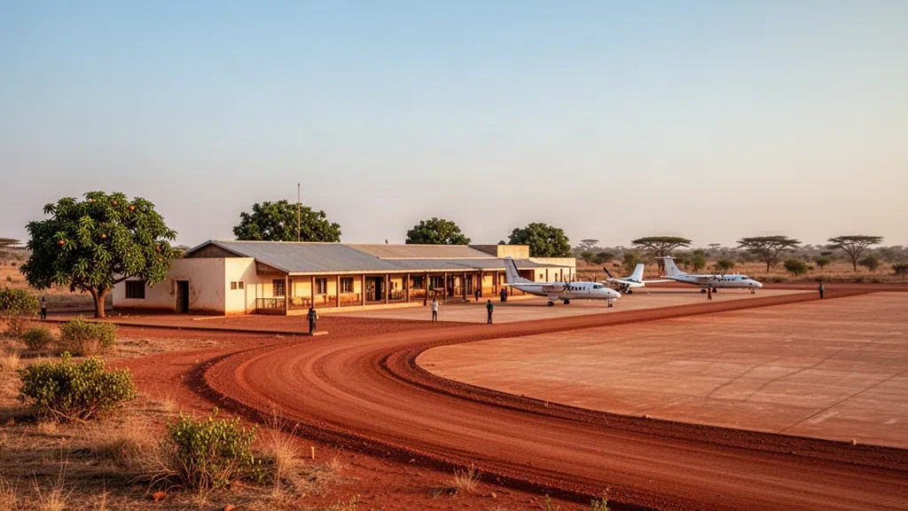 Terminal basso, piazzale e strada di accesso in laterite all'aeroporto di Gaoua nella savana del Burkina Faso durante l'ora d'oro