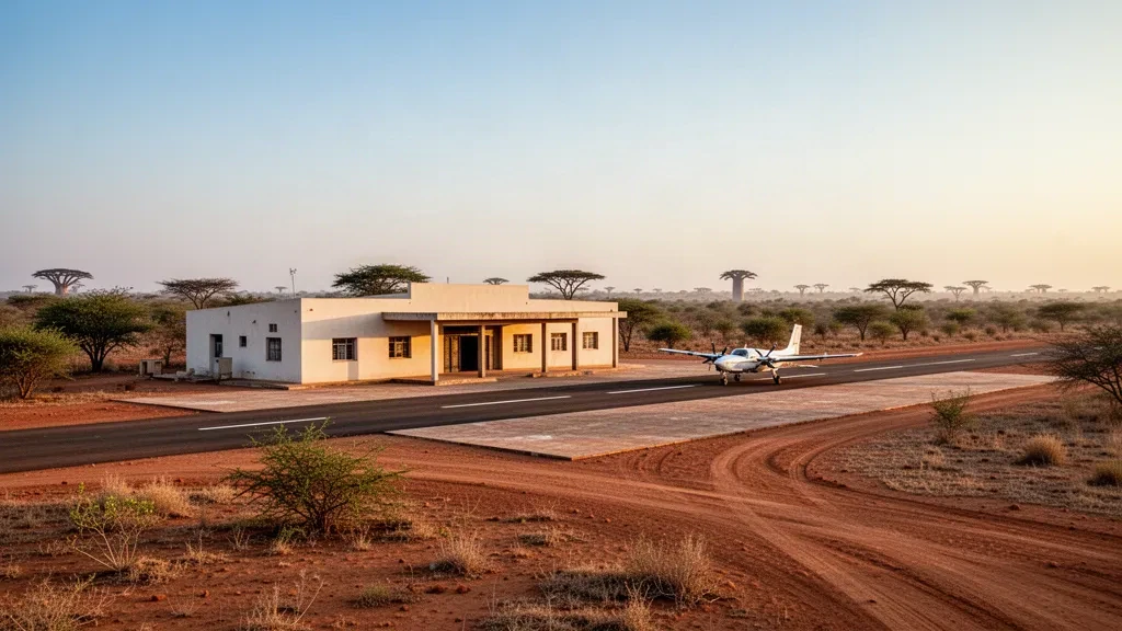 Niedriges Terminalgebäude und trockene Savannenlandschaft am Flughafen Xangongo in der Provinz Cunene, Angola, bei warmem Nachmittagslicht