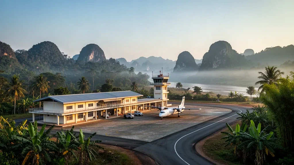 Small rural terminal and quiet airstrip at Xieng Lom Airport in Laos, framed by misty green hills near the Mekong valley