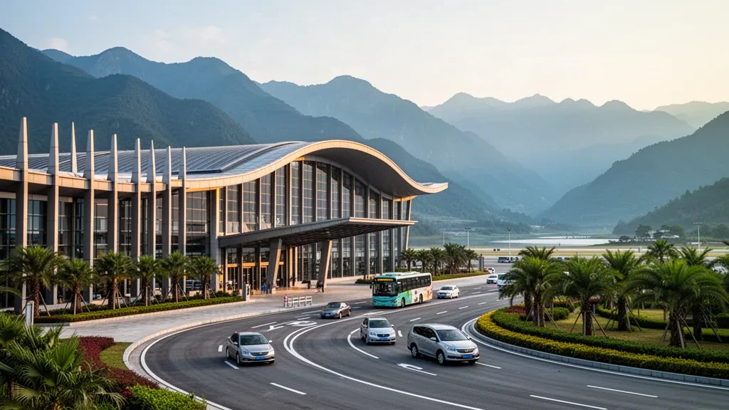 Modernes Flughafenterminal aus Glas und Vorfahrtspur am Flughafen Xichang Qingshan in Sichuan, eingerahmt von Bergkämmen im Licht der goldenen Stunde.