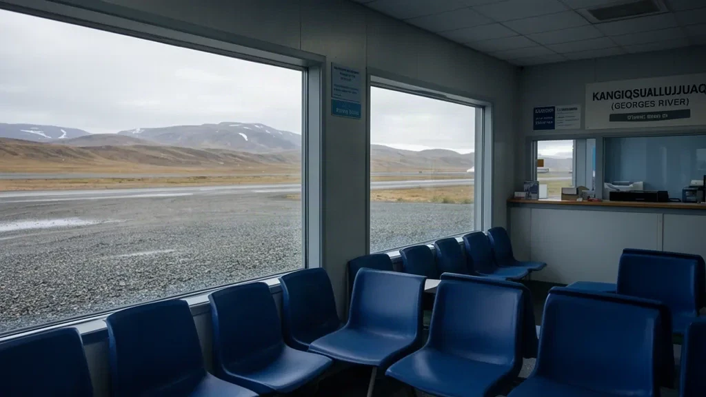 Intérieur du petit terminal de l'aéroport de Kangiqsualujjuaq (Georges River) au Nunavik, Québec, avec salle d'attente et vues sur la toundra.