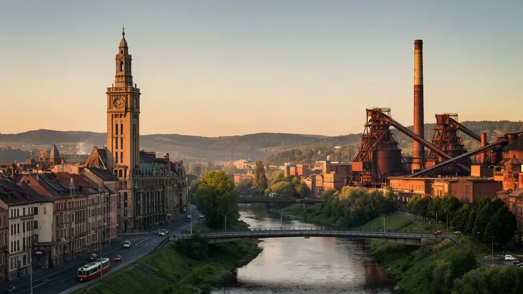 Blick zur goldenen Stunde auf den Turm des Neuen Rathauses von Ostrau und die Hochöfen von Dolní Vítkovice in der Region Mährisch-Schlesien, Tschechien