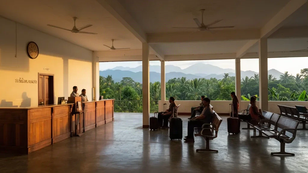 Laos'taki Xienglom Havalimanı kalkış salonunun iç görünümü; ahşap check-in kontuarları, bekleyen yolcular ve dışarıda tropikal yeşillikler.