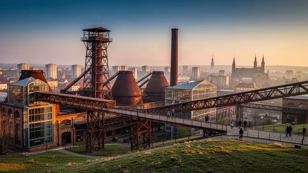 Panoramablick auf das industrielle Erbe von Dolní Vítkovice in Ostrau mit dem Bolt Tower zur goldenen Stunde, Tschechien.