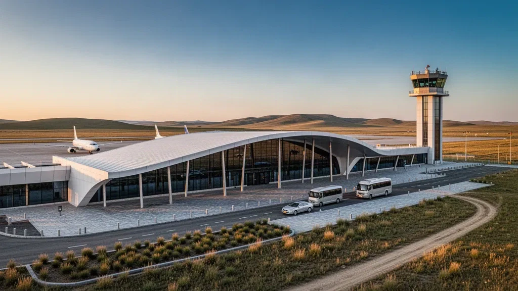 Exterior moderno de terminal de cristal en el aeropuerto de Xilinhot, en Mongolia Interior, con el horizonte de la estepa y luz cálida de la hora dorada