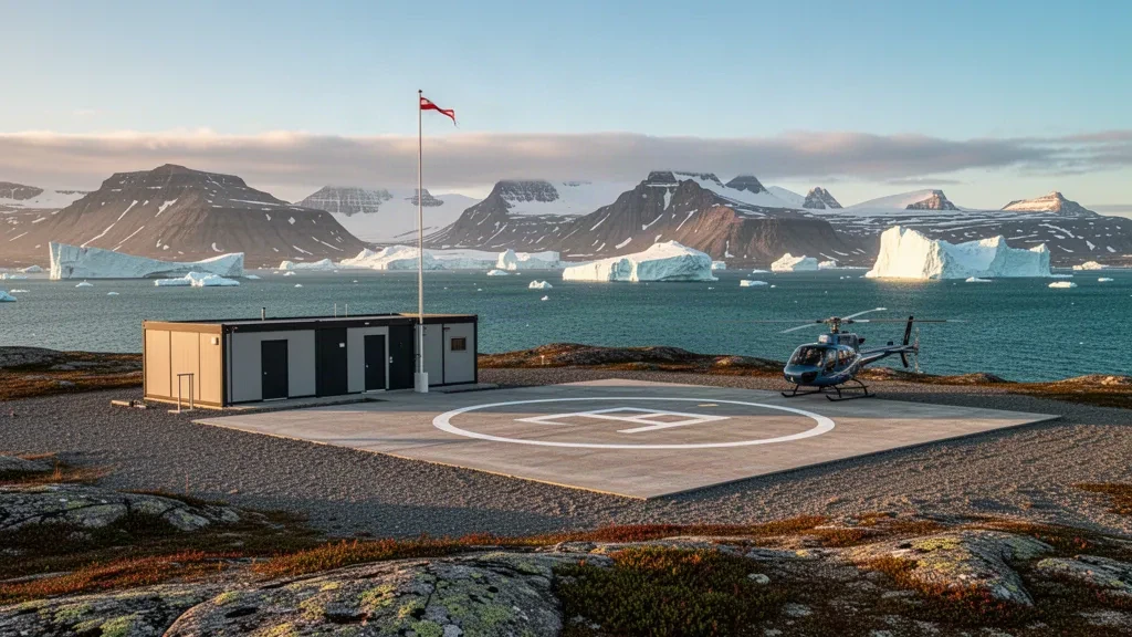 Pequeño helipuerto ártico en el helipuerto de Ilimanaq, en Groenlandia, con vistas a los icebergs y las montañas de la bahía de Disko bajo la luz dorada del atardecer