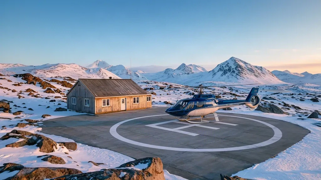 Vue extérieure de l'héliport d'Ilimanaq XIQ au Groenland avec son petit bâtiment terminal, son héliport et son paysage arctique enneigé.
