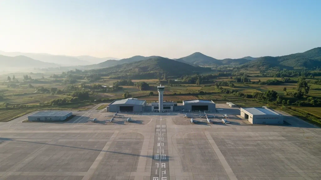 Vue extérieure de la base aérienne de Xingning dans le Guangdong, en Chine, avec piste, tour de contrôle, hangars et aéronefs stationnés sous la lumière du matin.