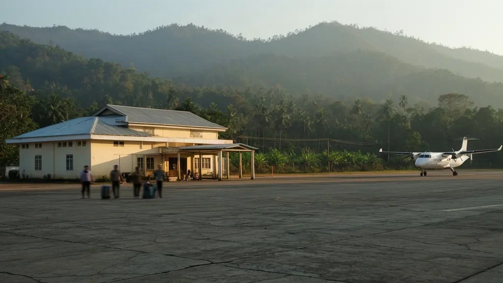 Xieng Khouang Airport terminal in Phonsavan, Laos, with its modest cream building, concrete apron and green hills behind