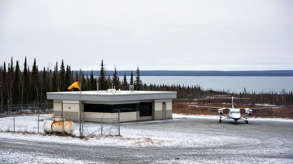 Petit bâtiment terminal à l'aéroport de Lac Brochet XLB, dans le nord du Manitoba, à côté d'une aire de trafic en gravier légèrement enneigée et d'un lac subarctique