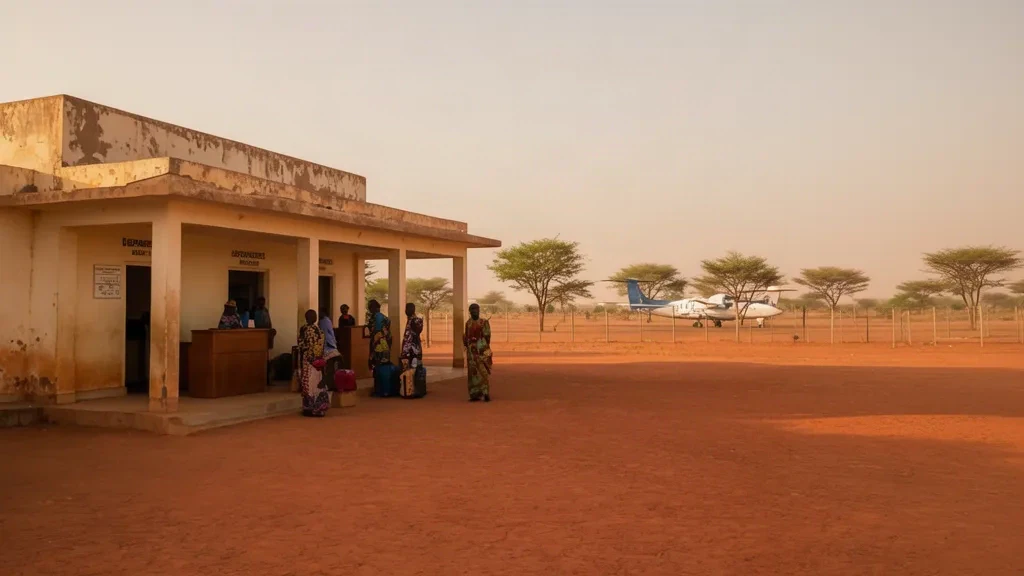 Edificio terminal desgastado y plataforma polvorienta en el Aeropuerto de Kaya XKY, en Burkina Faso, bajo la cálida luz de la tarde saheliana