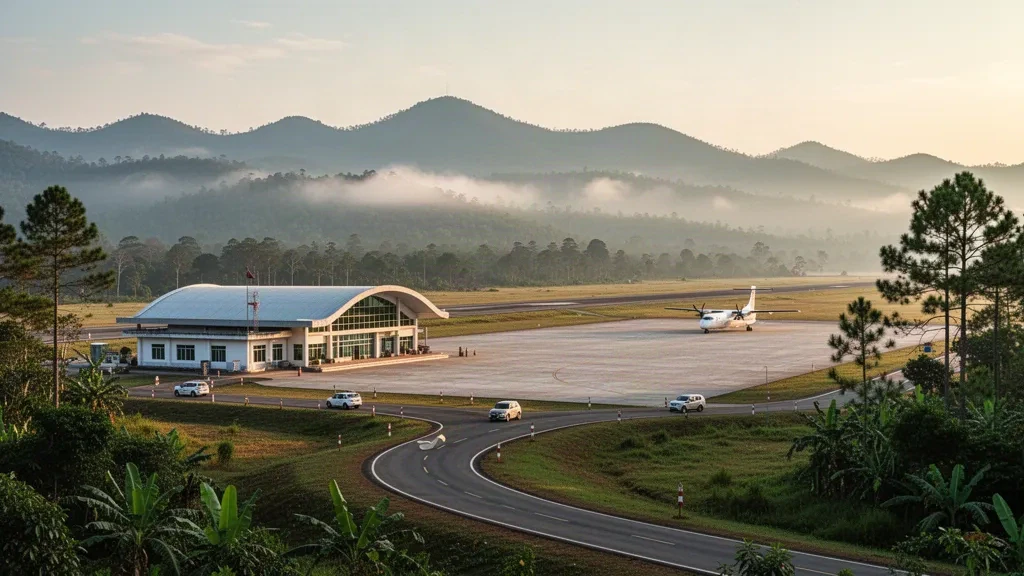 Laos'un Phonsavan kenti yakınlarındaki Xieng Khouang Havalimanı'nda altın saat sabah ışığında küçük yayla terminal binası ve tek pist