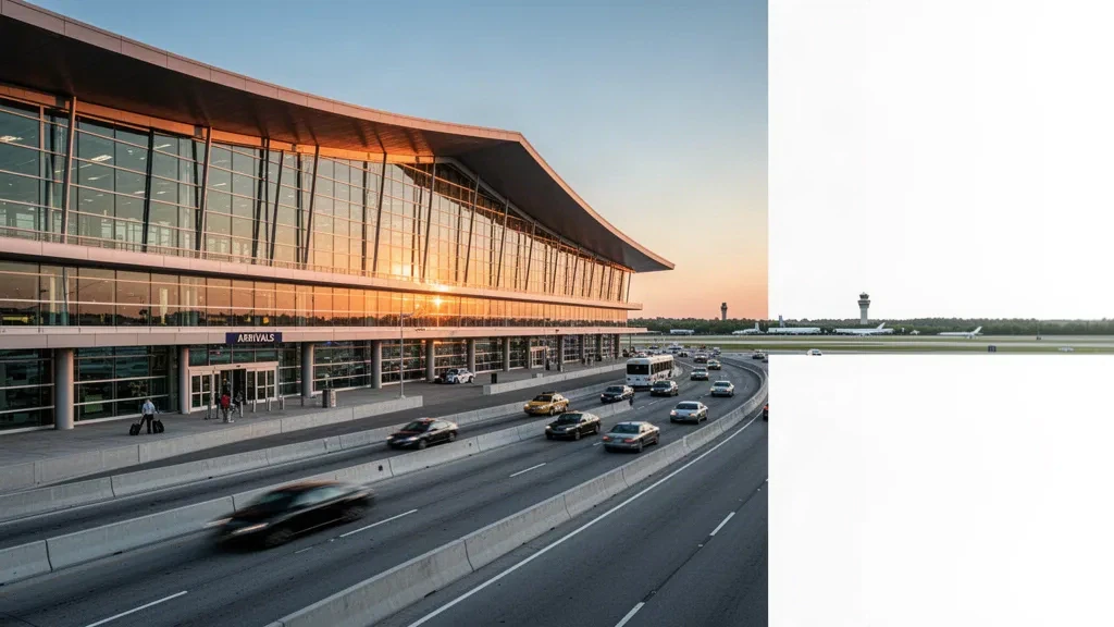 Modern glass terminal exterior at Saint Louis Lambert International Airport with curbside drop-off lanes at golden hour