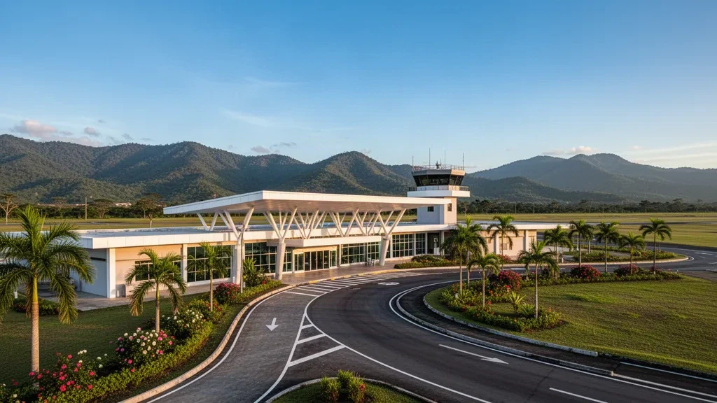 Bukidnon, Filipinler'deki Maramag Havalimanı'nda modern terminal binasının dış görünümü ve tropikal dağ manzarası