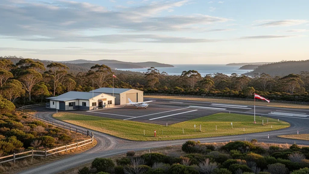 Pequeña pista de aeródromo regional y terminal en el aeropuerto de Mallacoota, en Victoria, rodeados de bosque de eucaliptos costero durante la hora dorada