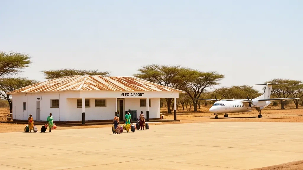 Extérieur du petit terminal de l'aéroport de Leo (XLU) au Burkina Faso avec une aire de trafic poussiéreuse et un ciel sahélien dégagé.