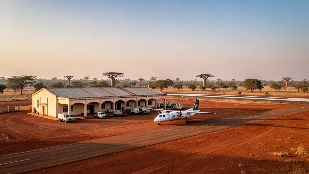 Veduta all'ora d'oro di un piccolo aerodromo regionale vicino a Léo, in Burkina Faso, con un terminal basso, piazzale in laterite rossa e orizzonte di savana arida.
