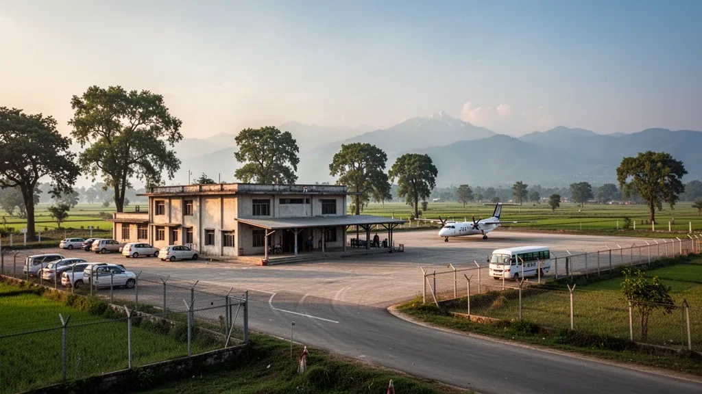 Terminal y plataforma del Aeropuerto de Mahendranagar en las llanuras del Terai de Nepal, con una pequeña aeronave de cercanías bajo una cálida luz dorada