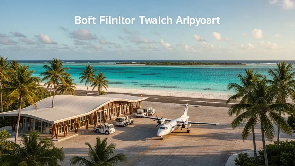 Kleines tropisches Flughafenterminal und Turboprop-Flugzeug auf dem Manihi-Atoll in Französisch-Polynesien, umrahmt von Kokospalmen und türkisfarbenem Lagunenwasser