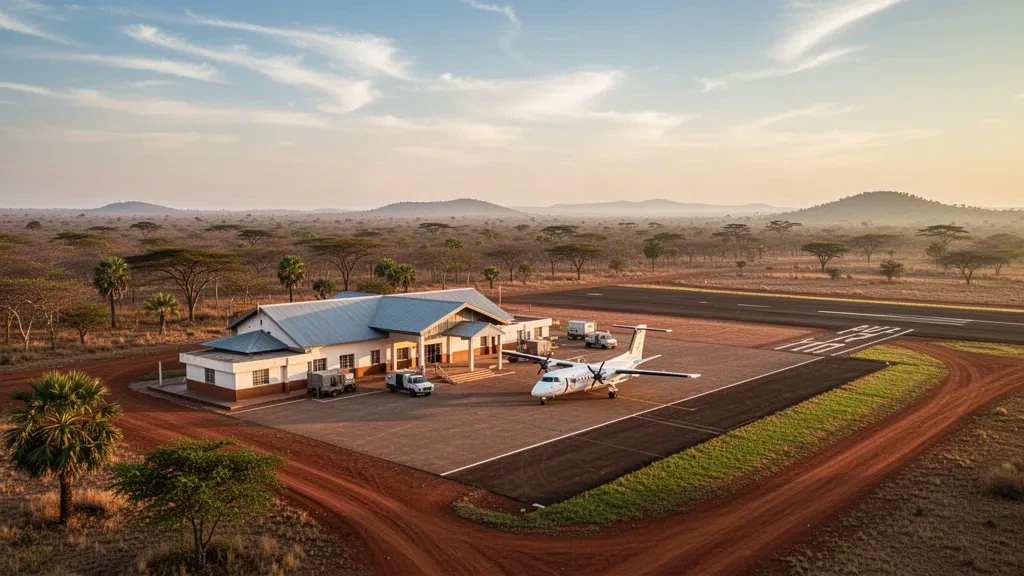 Piccolo terminal regionale presso l'aeroporto di Masasi nel sud della Tanzania con un aereo turboelica sul piazzale nella calda luce del tardo pomeriggio