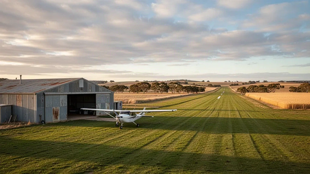 Golden-hour view of a small rural airfield near Minlaton on South Australia's Yorke Peninsula, with a light aircraft and grass runway