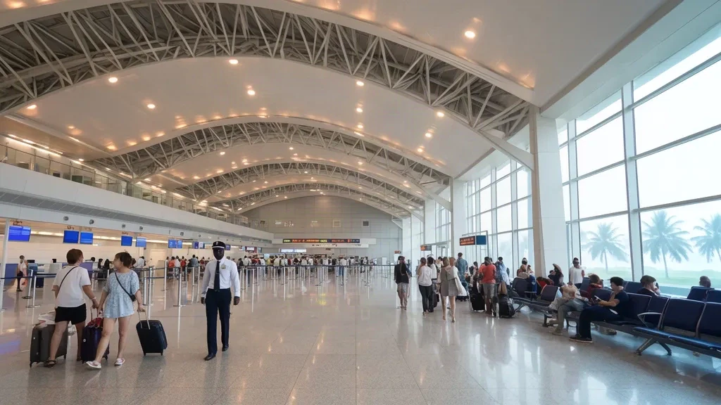 Viajeros caminando por la luminosa y moderna sala del Aeropuerto Internacional de Xiamen Gaoqi con techos curvos y mostradores de facturación