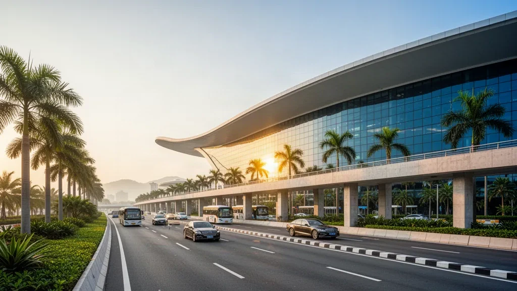 Extérieur moderne du terminal vitré de l'aéroport international de Xiamen Gaoqi avec des voies de dépose bordées de palmiers à l'heure dorée