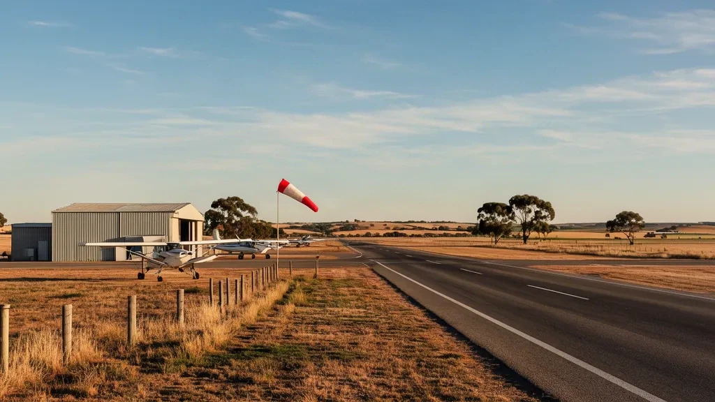 Esterno rurale dell'aeroporto di Minlaton sulla penisola di Yorke, con un piccolo hangar, un aereo leggero, la pista e una manica a vento in Australia Meridionale.