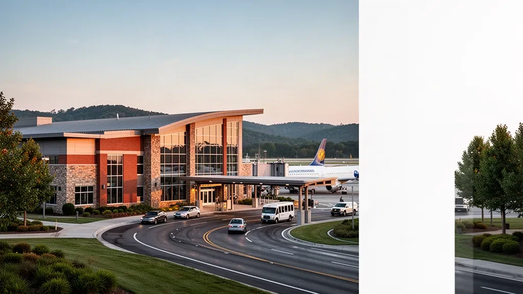 Modern brick and glass terminal exterior at Northwest Arkansas National Airport with drop-off lanes and Ozark hills at golden hour.