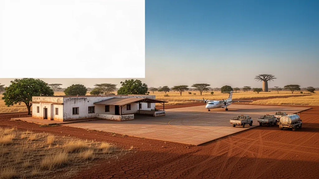 Small regional terminal and dusty apron at Pama Airport in Burkina Faso, set in dry Sahel savanna under warm golden-hour light