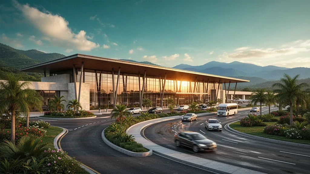 Honduras'ın Comayagua kentindeki Palmerola Uluslararası Havaalanı'nda altın saatlerde modern cam terminal ve palmiye ağaçlarıyla çevrili yolcu indirme şeritleri