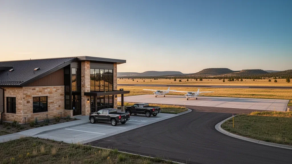 Blick zur goldenen Stunde auf das niedrige Terminalgebäude des Flughafens Pine Ridge, das Vorfeld und die Prärielandebahn in South Dakota