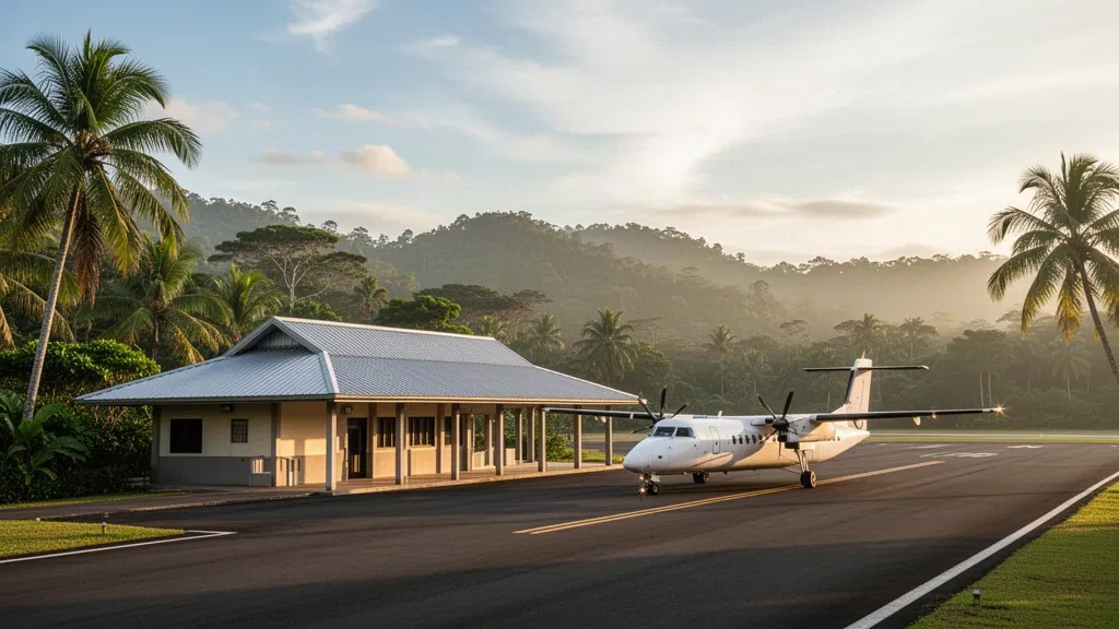 Kosta Rika'daki Quepos Managua Havaalanı'nda sıcak ikindi ışığı altında küçük tropikal terminal, palmiye ağaçları ve park halindeki bir turboprop uçak