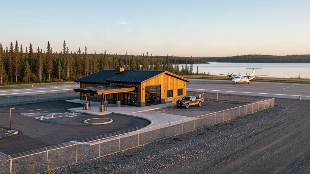 Aeroporto di Poplar River in Manitoba, con un piccolo terminal, una pista in ghiaia, un aereo da bush e la foresta boreale all'ora d'oro.