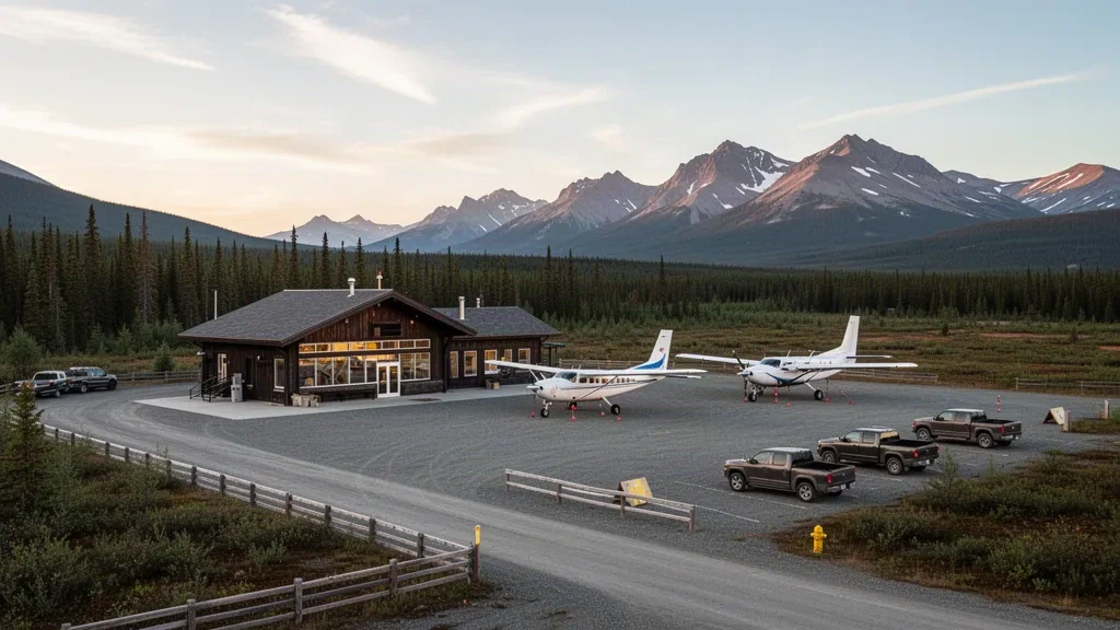 Remote Yukon airport terminal and gravel apron with small bush planes near Ross River, framed by boreal forest and mountains