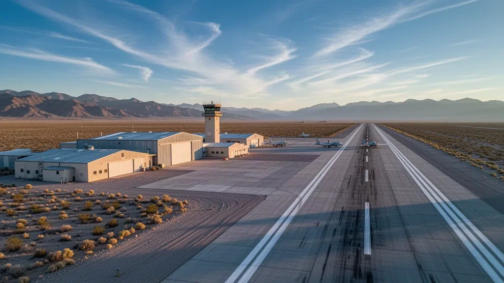 Remote desert runway, hangars and control tower at Tonopah Test Range Airport in Nevada under clear golden-hour light