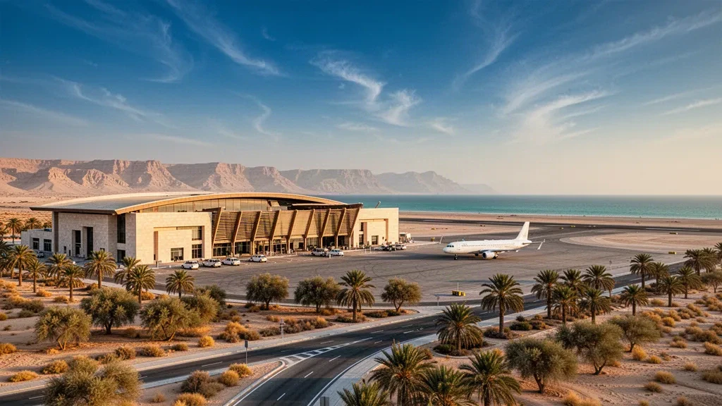 Low-rise terminal and desert runway at Sir Bani Yas Airport on the island coast of Abu Dhabi, UAE, in warm golden-hour light