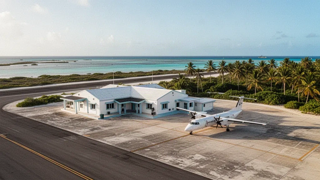 Terminal insular de baja altura, plataforma y pista estrecha en el aeropuerto de South Caicos, enmarcados por aguas turquesa del Caribe y palmeras
