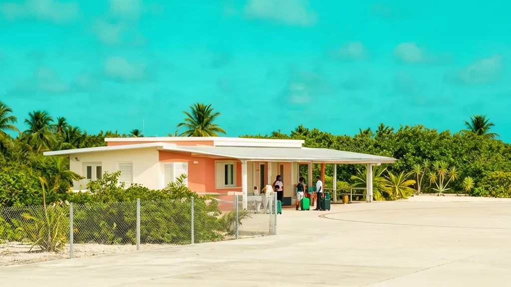 Veduta esterna del terminal dell'aeroporto di South Caicos nelle Isole Turks e Caicos con palme e luminosa luce solare caraibica.