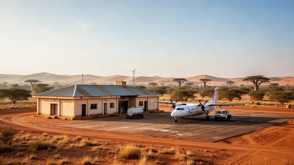 Terminal basso e piazzale sabbioso all'aeroporto di Sebba, nella regione del Sahel in Burkina Faso, sotto la luce calda del pomeriggio