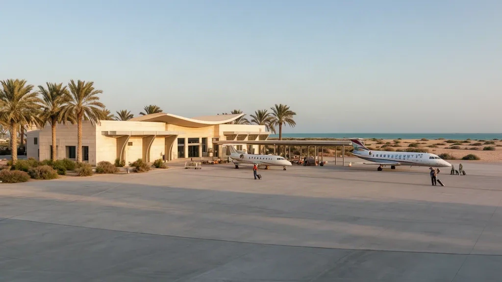 Edificio terminal dell'aeroporto di Sir Bani Yas XSB con palme, un jet privato sul piazzale e il Golfo Arabico sullo sfondo